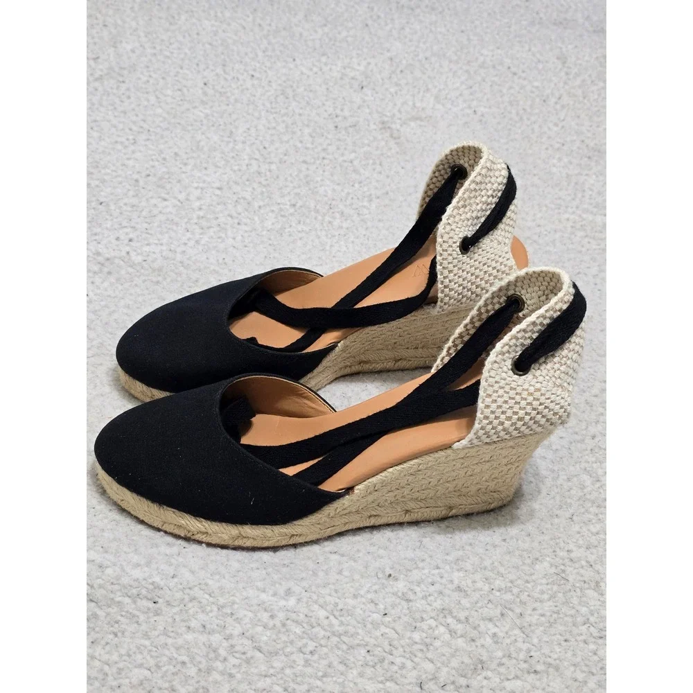 J.Crew Black Canvas Espadrille Wedge Sandals Lace Up Ankle Tie Cream Heel 7.5